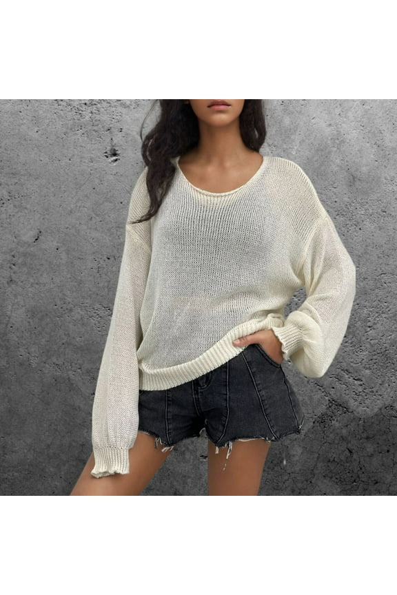 Women Seeing Through Crew Neck Sheer Mesh Knitted Sweater Solid Basic Long Sleeve Loose Fitted Knit Pullover Top on Clearance