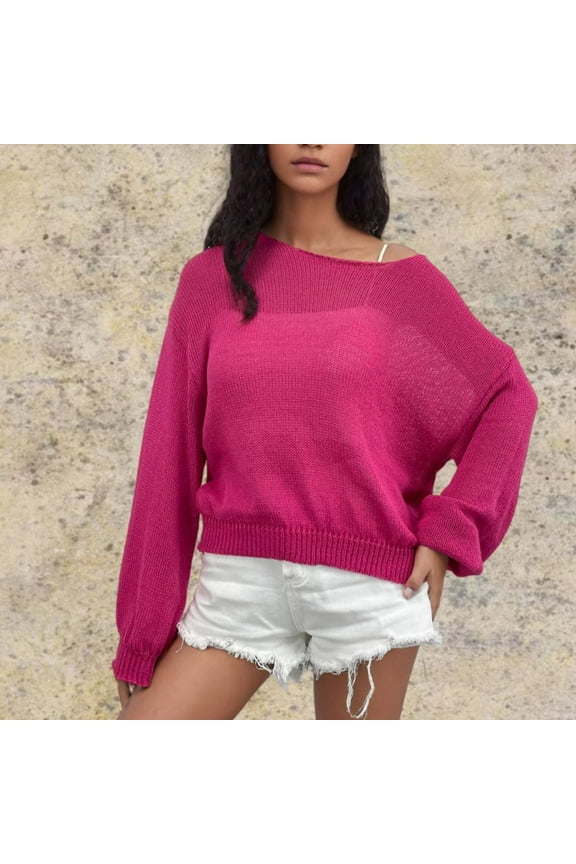 Women Seeing Through Crew Neck Sheer Mesh Knitted Sweater Solid Basic Long Sleeve Loose Fitted Knit Pullover Top on Clearance