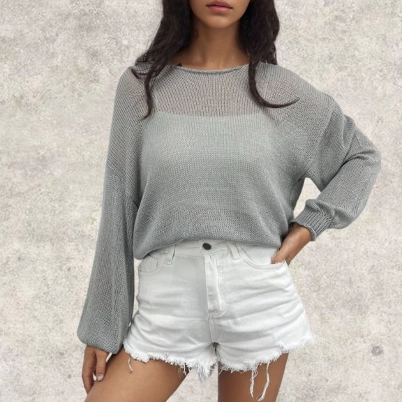 Aueoeo Women Seeing Through Crew Neck Sheer Mesh Knitted Sweater Solid Basic Long Sleeve Loose Fitted Knit Pullover Top on Clearance