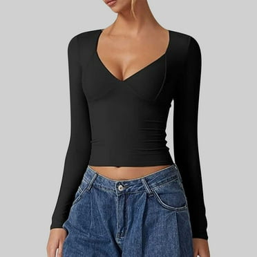 Aueoeo Women Shirts Basic Tight Athletic Wokout T-Shirt Trendy V Neck Going Out Tops Long Sleeve Lightweight Tops Black L
