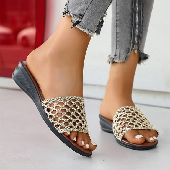 Aueoeo Women Shoes Girls Shoes Fashion Casual And Summer Comfortable Style Solid Color Woven Hollow Breathable Round Toe Open Toe Thick Bottom Wedge Heel Pers Dress Shoes
