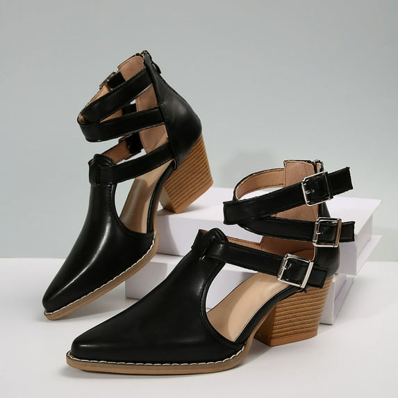 Aueoeo Women Shoes Low Wedge Block Heel Closed Pointd Toe Shoes Event Party Heeled Loafers With Ankle Buckle