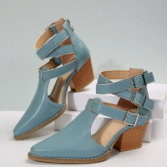 Aueoeo Women Shoes Low Wedge Block Heel Closed Pointd Toe Shoes Event Party Heeled Loafers With Ankle Buckle
