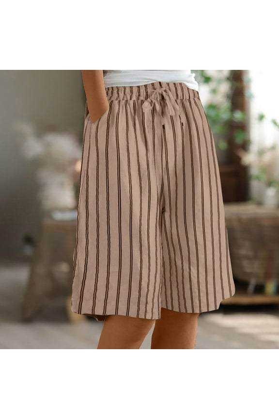 Aueoeo Women Stripe Fifth Short High Rise Elastic Waisted Casual Baggy Work Shorts Loose Summer Lightweight Shorts with Pockets