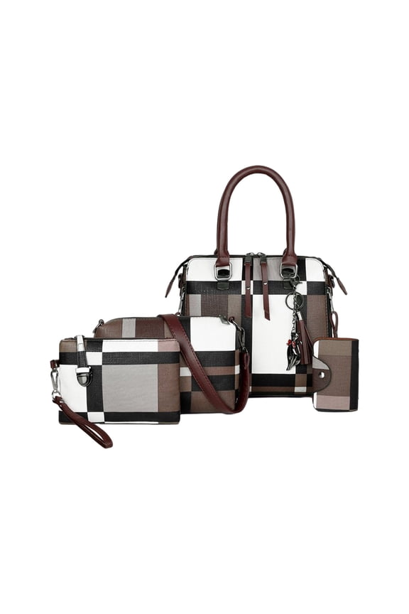 Women Stripe Synthetic Leather Handbags Tote Bag Shoulder Bag Top Handles Satchel Purse Set 4Pcs Coffee