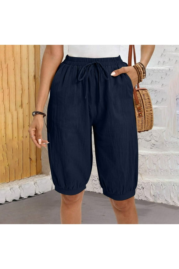 Women Summer Half Pants Casual Wide Leg Elastic Waist Lightweight Shorts Fashion Loose Fits Pants with Pockets