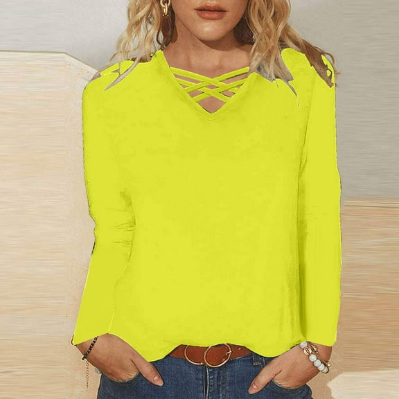 Aueoeo Women T-Shirts V Neck Long Sleeve Tops Solid Color Casual Shirts Basic Summer Big &Tall Tees(Available In Big Size) Yellow L