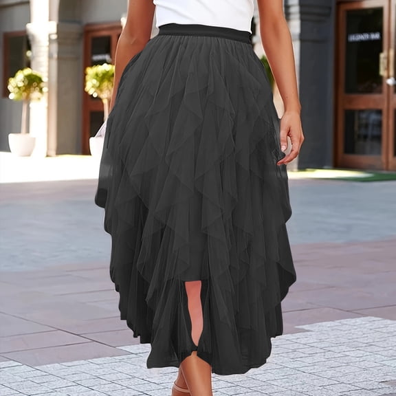 Aueoeo Women Tulles Skirt High Low Layered Puffy Skirts Pleated A-line Midi Skirt Front Asymmetrical Long Skirts Black L