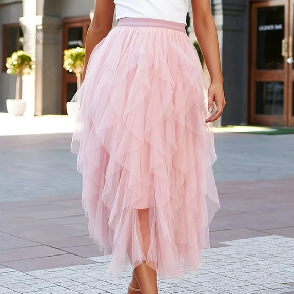 Aueoeo Women Tulles Skirt High Low Layered Puffy Skirts Pleated A-line Midi Skirt Front Asymmetrical Long Skirts Pink M