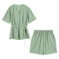 thumbnail image 1 of Aueoeo Women Two-Piece Pajamas Set Kimonos Sleepwear Cotton Bathrobe Tops Comfy Belted & Short Loungewear Loose Fits Pjs Set Green L, 1 of 5