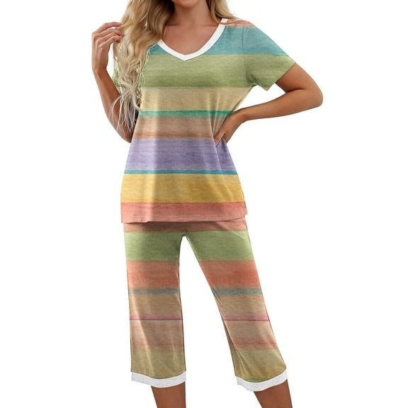 Aueoeo Women V-neck Homewear Short Sleeved Pajamas Top And Capris Pjs Casual Sets Printed Sleepwear With Pockets Multicolor L