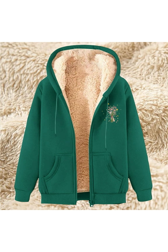 Women Winter Warm Hoodies Full Zip Up Fleece Lined Plush Sweatshirts Jacket With Printed Army Green L