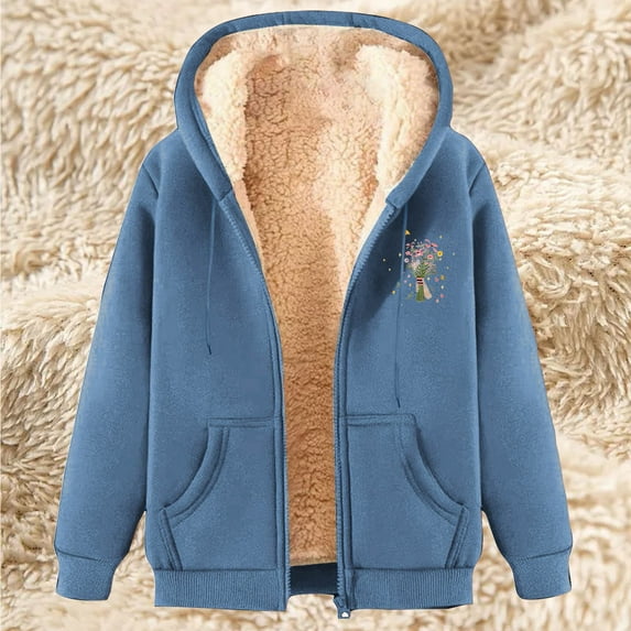 Aueoeo Women Winter Warm Hoodies Full Zip Up Fleece Lined Plush Sweatshirts Jacket With Printed Navy L