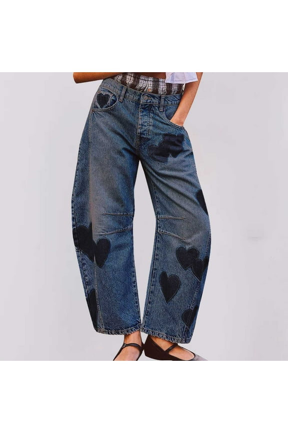 Women Y2k Barrel Jeans Wide Leg Baggy Mid Waist Pants Hearts Printed Fashion Horseshoe Denim Pants