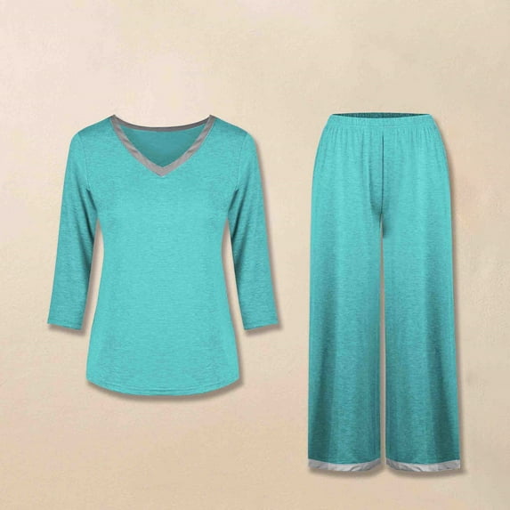 Aueoeo Women's 2 Piece Outfits Spring Outfits Long Sleeve V Neck Top Wide Leg Pants Casual Comfy Set Matching Sets