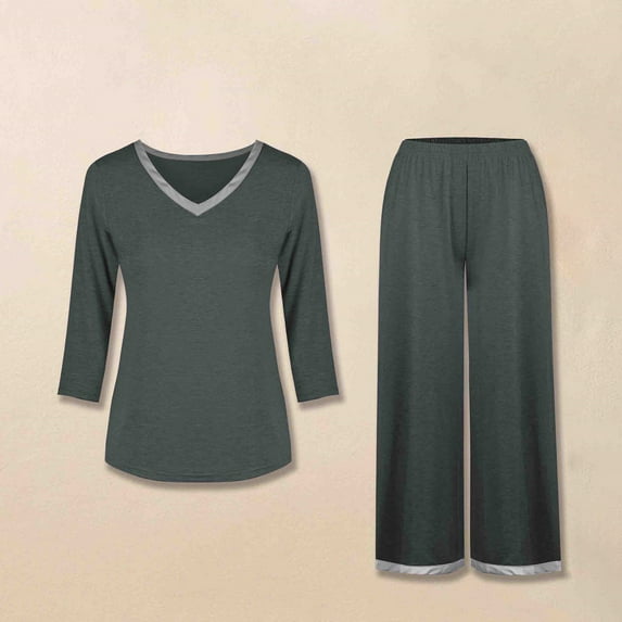 Aueoeo Women's 2 Piece Outfits Spring Outfits Long Sleeve V Neck Top Wide Leg Pants Casual Comfy Set Matching Sets