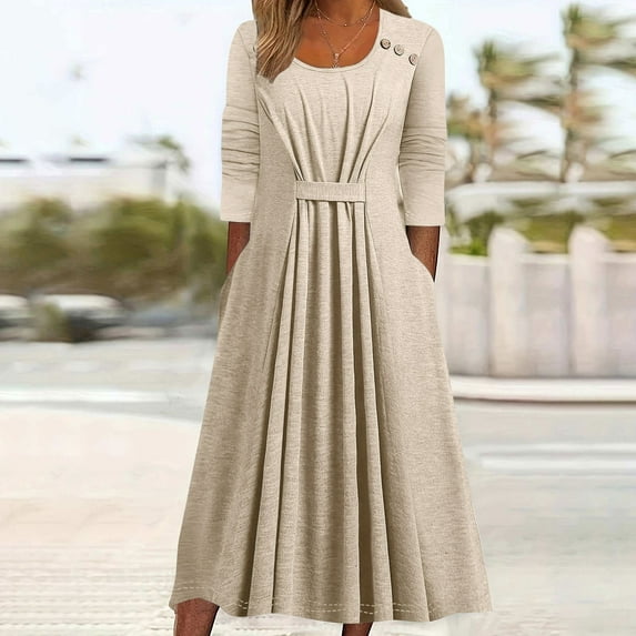 Aueoeo Women's 3/4 Sleeve Dresses Loose Pleated Plain Maxi Dresses Casual Crew Neck Tunic Long Dresses with Pockets