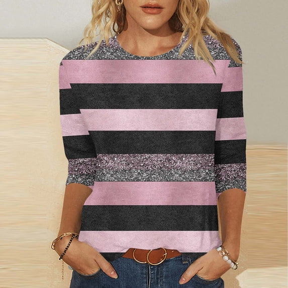 Aueoeo Women's 3/4 Sleeve Round Neck Pullover Tops, Lightweight Blouses with Daily Prints Patterns for Springtime and Summer (S–5Xl),Pink,XXL