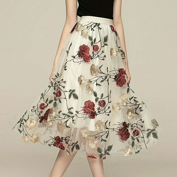 Aueoeo Women's A-Line Fairies Elastic Waist Midi Skirt Vintage Floral Embroidered Tulles Skirts Party High Waist Swings Skirts Beige L