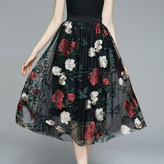 Aueoeo Women's A-Line Fairies Elastic Waist Midi Skirt Vintage Floral Embroidered Tulles Skirts Party High Waist Swings Skirts Black XL