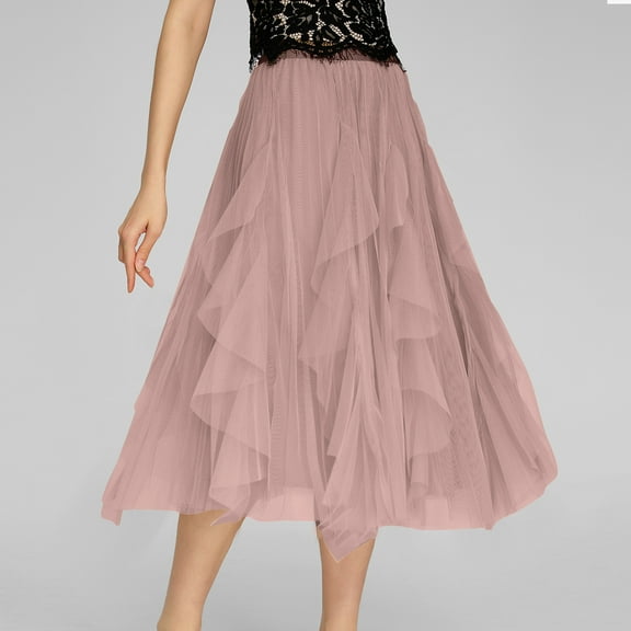 Aueoeo Women's A-Line Fairies Skirts Elastic High Waist Tulles Midi Skirt Pleated Layered Mesh Long Skirts Pink S