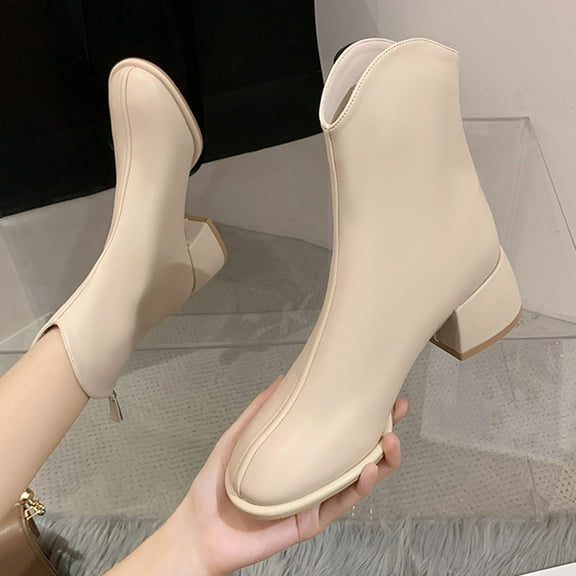 Aueoeo Women's Ankle Boots Low Chunky Block Heel Booties With Back Zipper Spring Fall Short Boots Fashion Faux Leather Shoes
