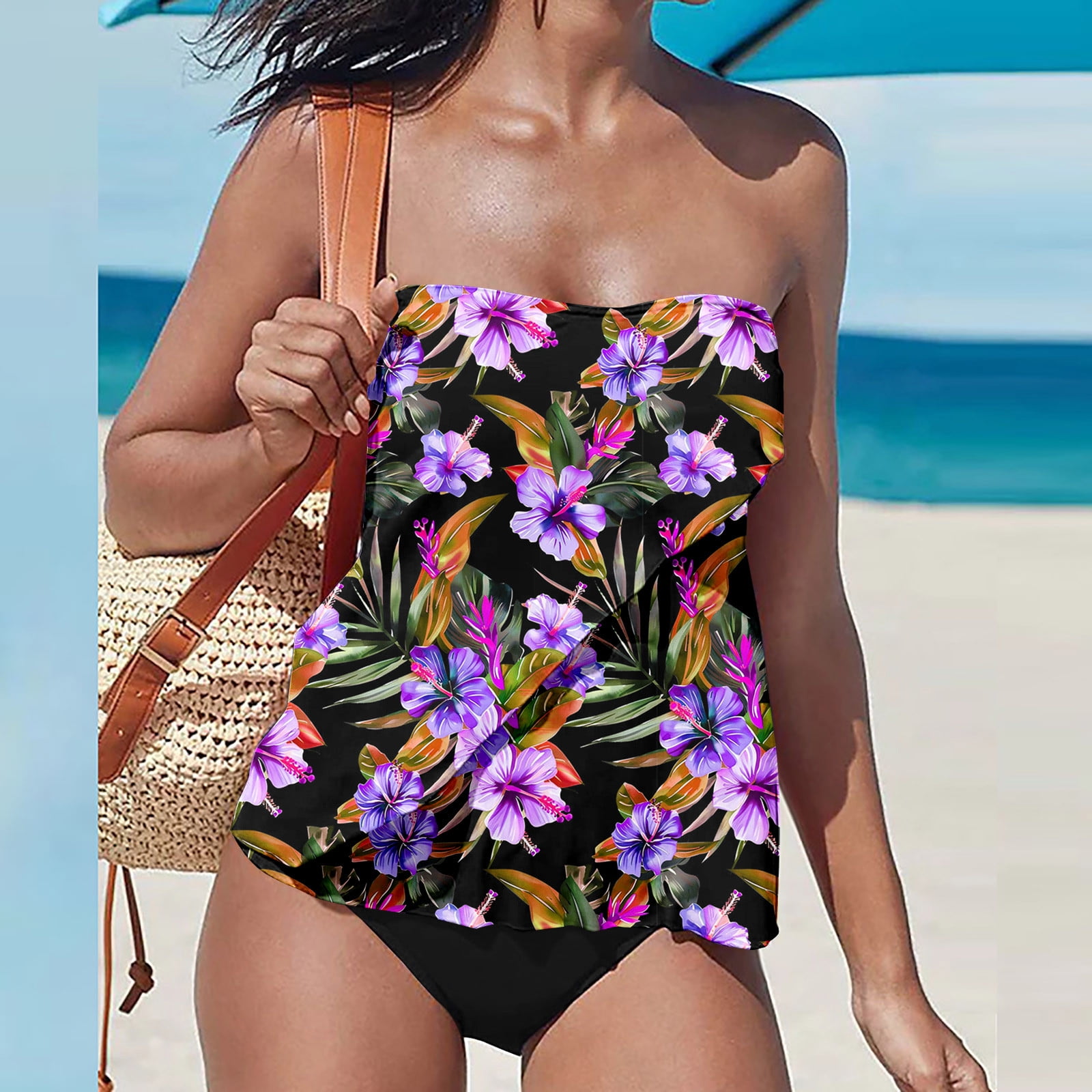 Aueoeo Women's Bathing Suits Summer Flower print Boho No Suspenders Top ...