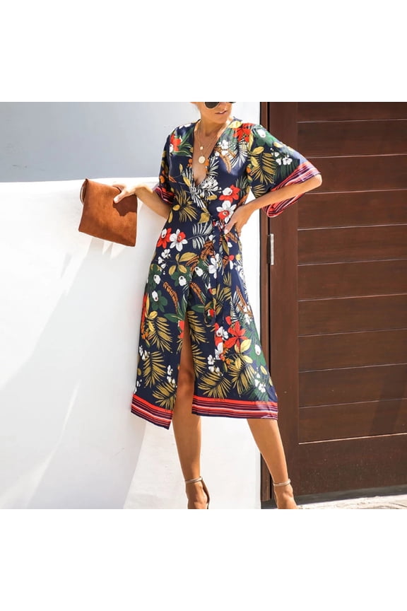 Women's Boho Dress Long Sleeve Printed Dresses Wrap V Neck Flowy Casual Loose Wedding Guest Long Maxi Ruffle Dresses