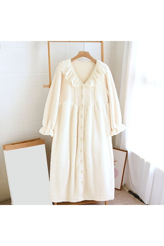 Women's Button Up Robe Fuzzy Furry Long Soft Bathrobe Solid Color Robes Hooded Sleepwear with Pockets