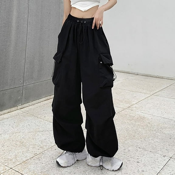 Aueoeo Women's Cargo Pants Straight Wide Leg Loungewear Pants Elastic Waist Drawstring Casual Trouser with Multi Pocket