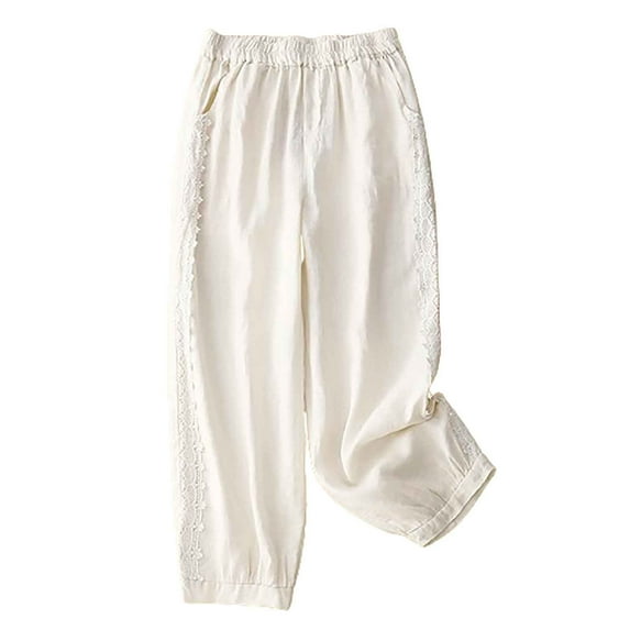 Aueoeo Women's Casual Beach Pants Drawstring Loose Wide Leg Lounge Pants with Pockets