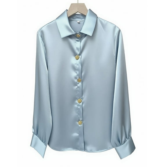 Aueoeo Women's Casual Fashion Solid Color Long-Sleeved Satin Top Regular Fitted Solid Color Dressy Dressy Blouse