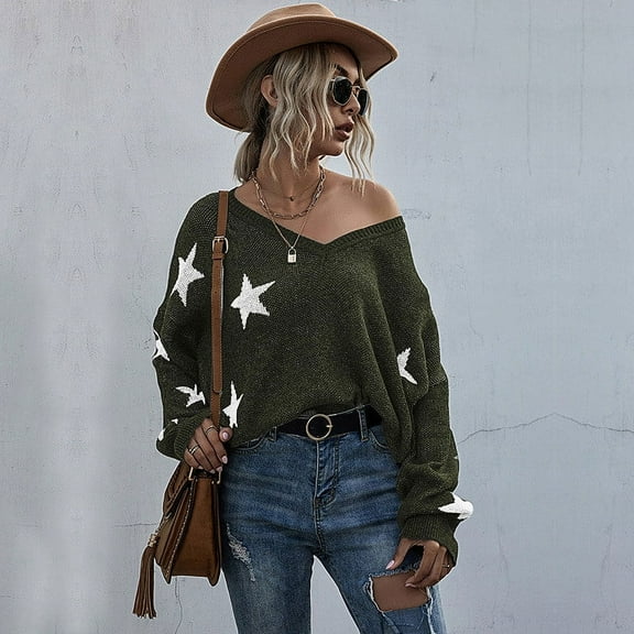 Aueoeo Women's Casual Knit Sweater V Neck Long Sleeve Pullover Star Graphic Printed Casual Wear Fashion Pullover