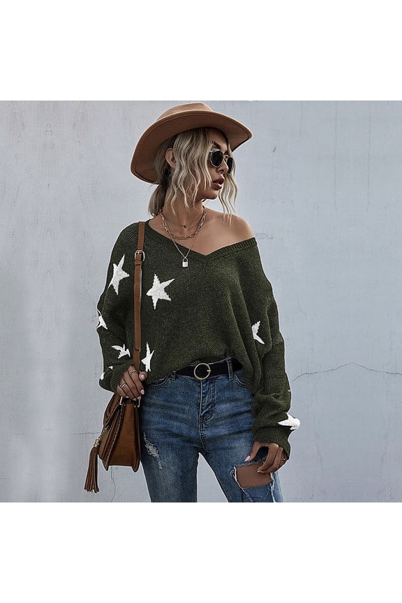 Women's Casual Knit Sweater V Neck Long Sleeve Pullover Star Graphic Printed Casual Wear Fashion Pullover