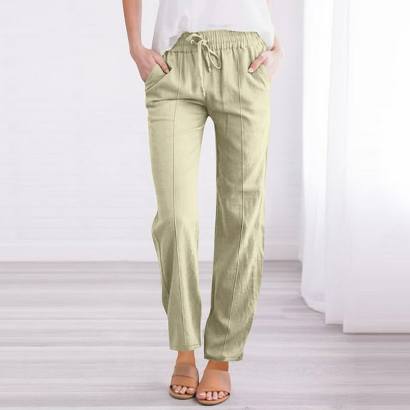 Aueoeo Women's Casual Pants Elastic Waisted Drawstring Pants Loose Fitted Straight Leg Jogger Pants with Pockets