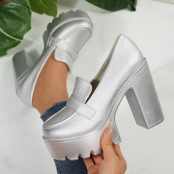 Aueoeo Women's Casual Shoes Chunky Platforms Loafers Round Closed Toe High Heels formal Classic Thick Heel Dress Loafer