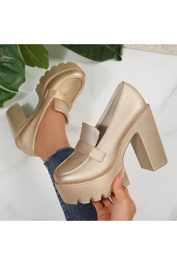 Women's Casual Shoes Chunky Platforms Loafers Round Closed Toe High Heels formal Classic Thick Heel Dress Loafer