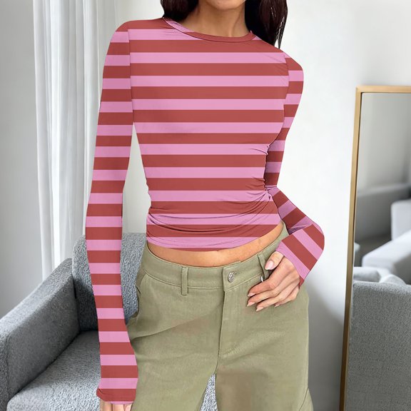 Aueoeo Women's Casual Stripe Top Round Neck Long Sleeved Casual Slim Tight Fitting Pit Round Neck Outfits