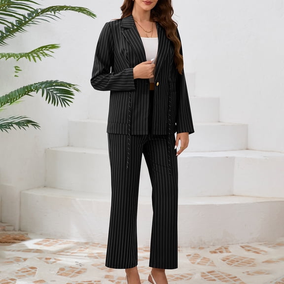 Aueoeo Women's Casual Suits Stripe Two Piece Outfits Long Sleeve Sigle Button Blazer Jackets Straight Leg Pants Fashion Streetwear