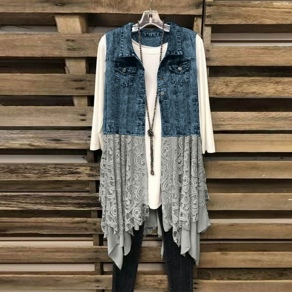 Aueoeo Women's Casual Vests Fashion Lace Hem Patchwork Denim Sleeveless Jackets And Hoodless Denim Vests