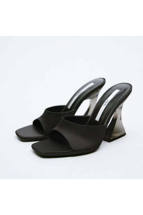 Women's Clear Heels, Low Chunky Block Heeled Clear Slides Squared Open Toe One Strip Heeled Mules Dress Clear Sandals