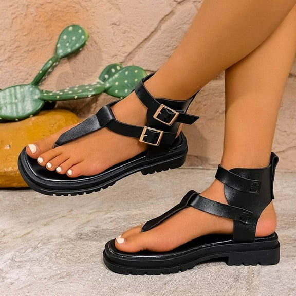 Aueoeo Women's Clip Toe Summer Sandals Beach Faux Leather Ankle Walking Strap Casual Flip Flops Flats Comfortable Shoes