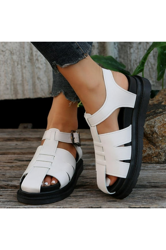 Women's Closed Toe Flat Sandals T Strap Comfortable Adjustable Buckle Hollow Out Roman Sandals Vintage Casual Beach Sandals