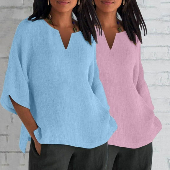 Aueoeo Women's Cotton Lined Shirts Casual 3/4 Sleeve V-Neck Pullover Basic Tops Summer Beach 2 Piece Tops(Available In Big Size) Multicolor L