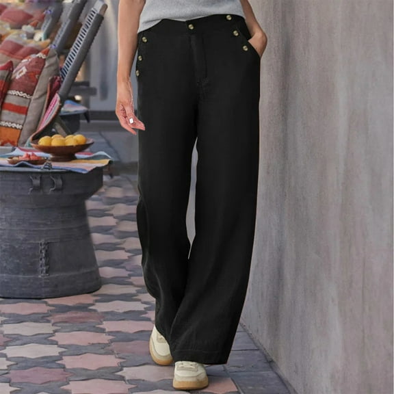 Aueoeo Women's Cotton Linen Pants Elegant High Waisted Pants Office Trousers Wide Leg Pants