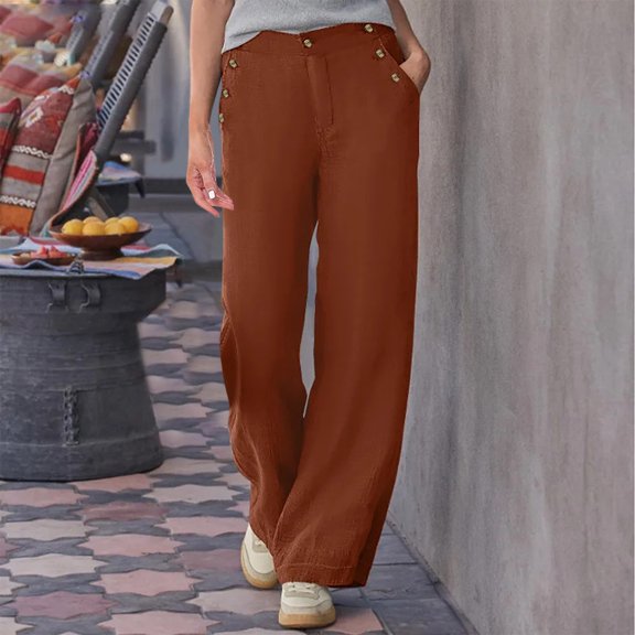 Aueoeo Women's Cotton Linen Pants Elegant High Waisted Pants Office Trousers Wide Leg Pants