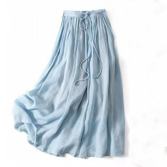 Aueoeo Women's Cotton Linen Skirts High Elastic Waist Midi Skirt Casual Summer Trendy Tie Front Flowy Ruffle Solid Color A line Skirts