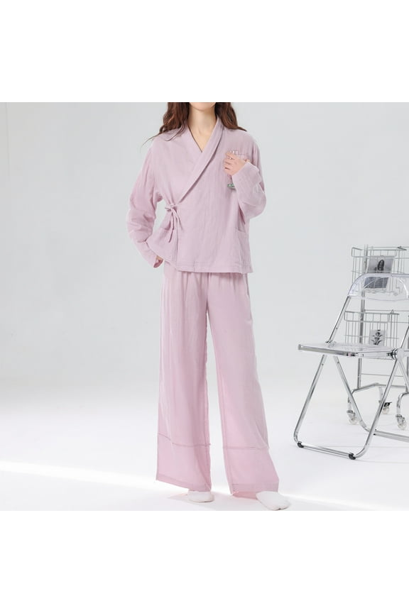 Women's Cotton Pajama Set Long Sleeve V Neck Kimonos Robe Top & Pants Pajama Two Piece Nightgown Purple M