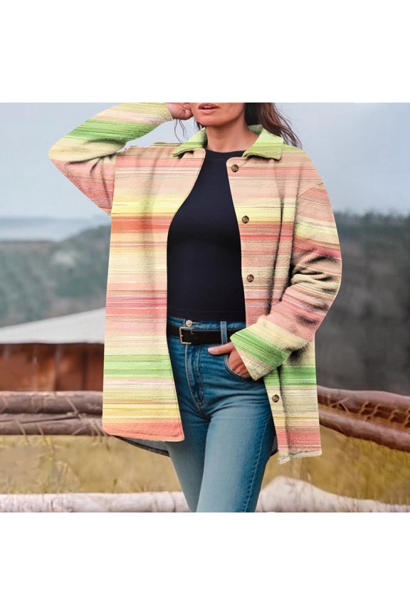 Women's Cozy Jacket Graphic Print Button Up Coat Casual Warm Outwear Long Sleeve Stand Collar Jackets with Pockets