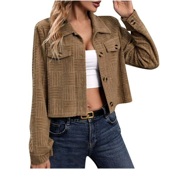 Aueoeo Women's Cropped Jacket Spring Lapel Button Up Casual Short Shacket Jackets Coats with Pockets